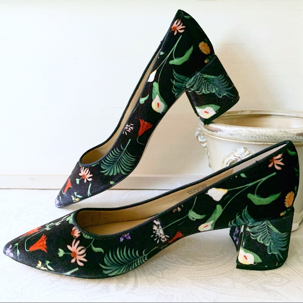 Ann Taylor Floral Velvet Block-Heel Pumps 9, Black